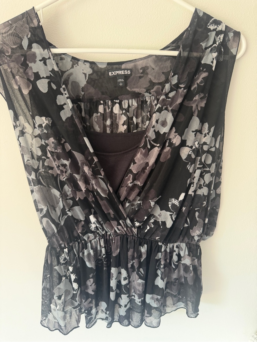 Express Sheer Floral Print Tank - Black and Gray